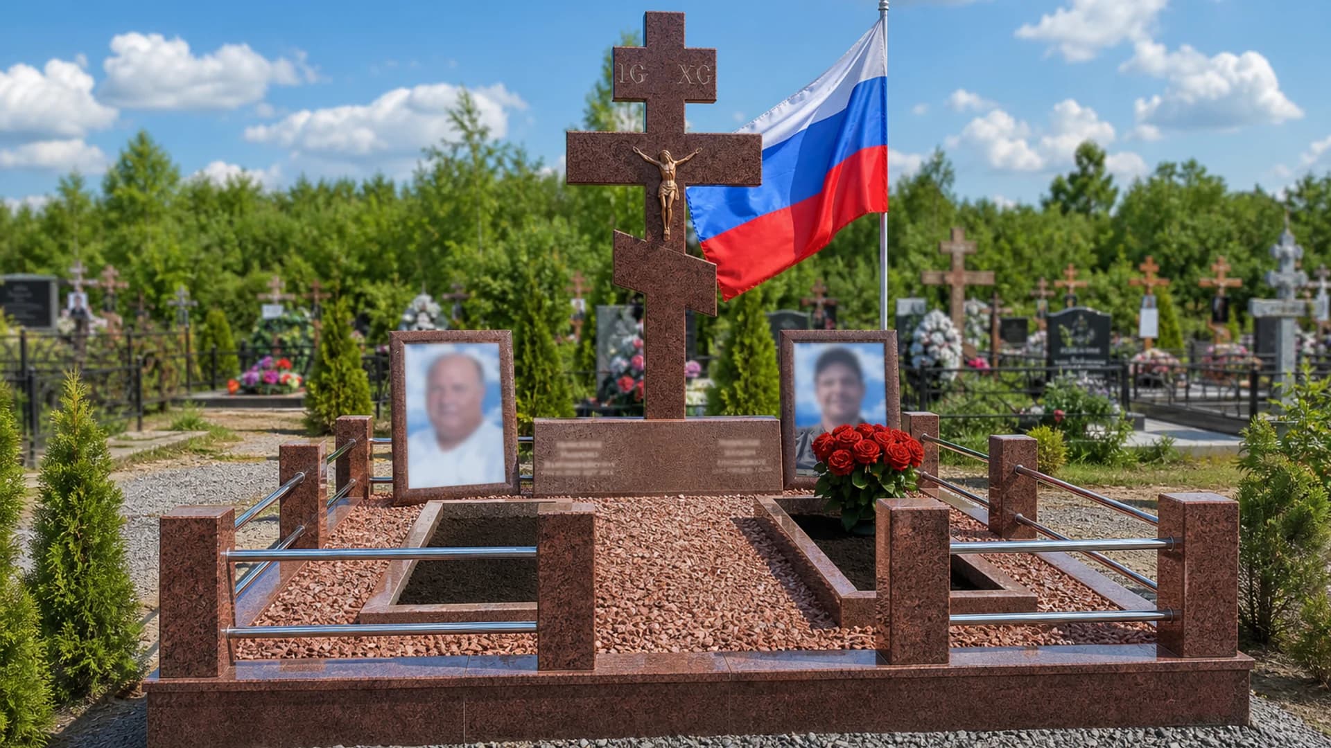 Семейный мемориальный комплекс с крестом и российским флагом