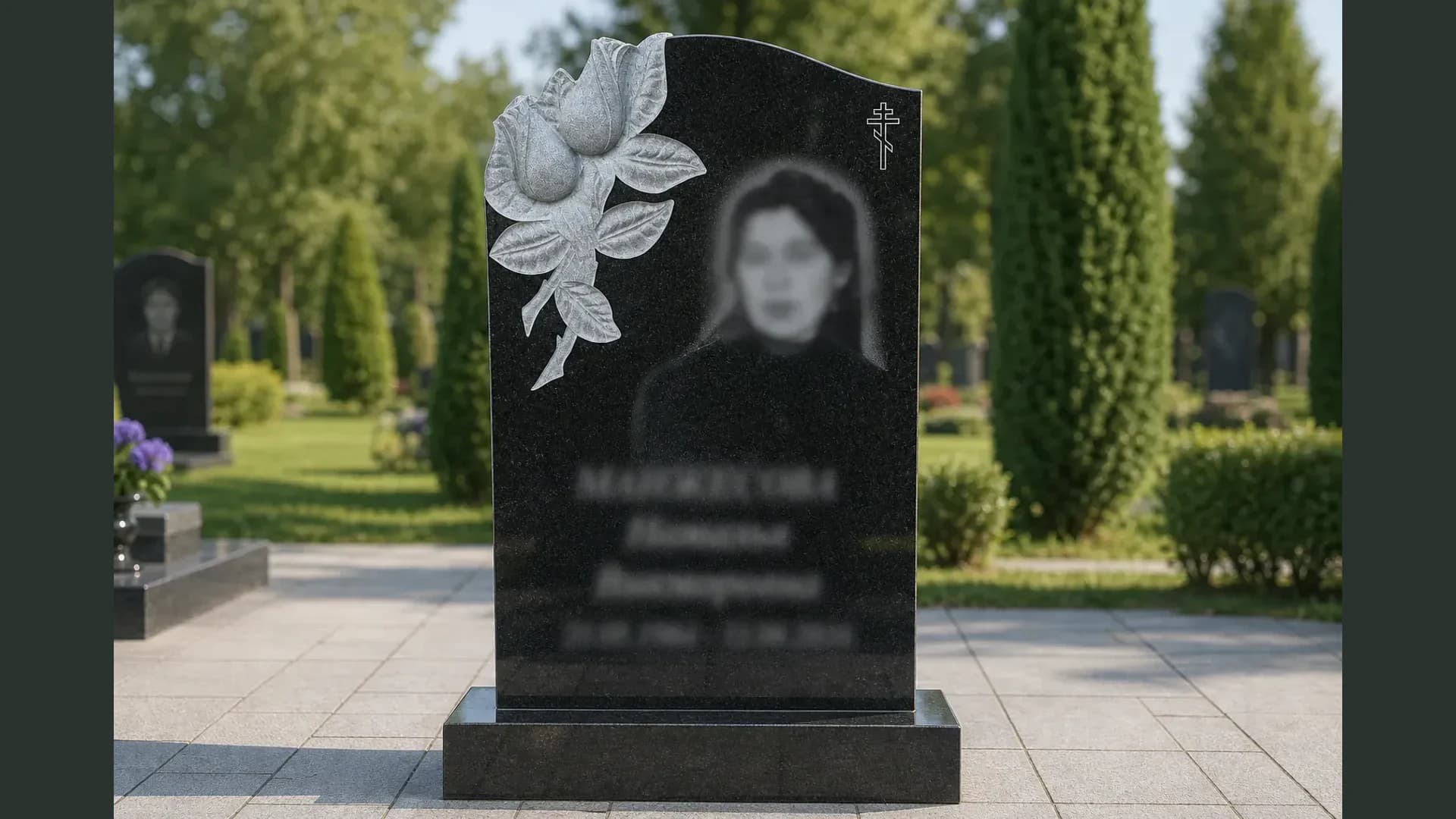 Гранитный памятник с рельефной резьбой цветов