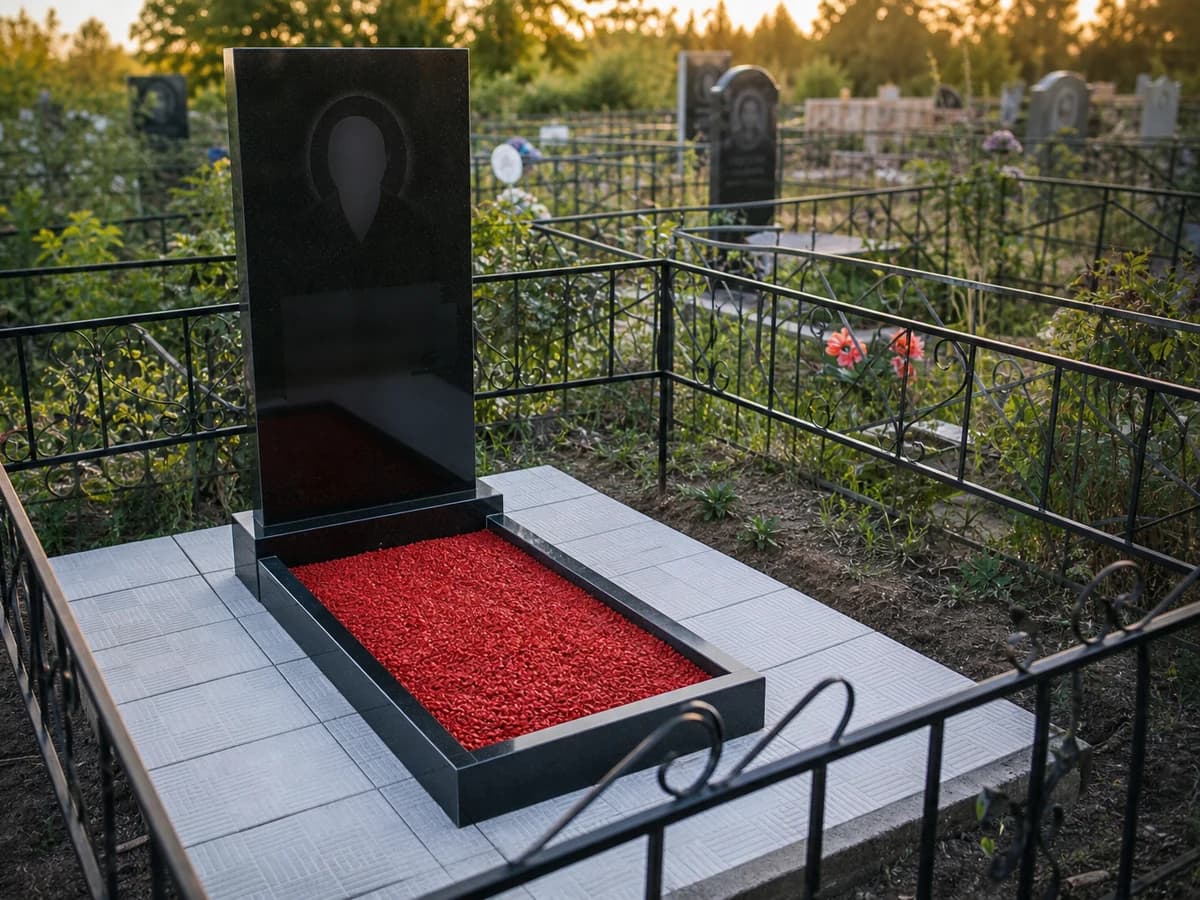 Благоустройство могилы декоративным красным щебнем и плиткой