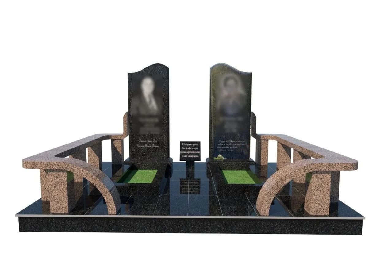 3D-модель двойного мемориального комплекса из гранита с оградой и цветниками