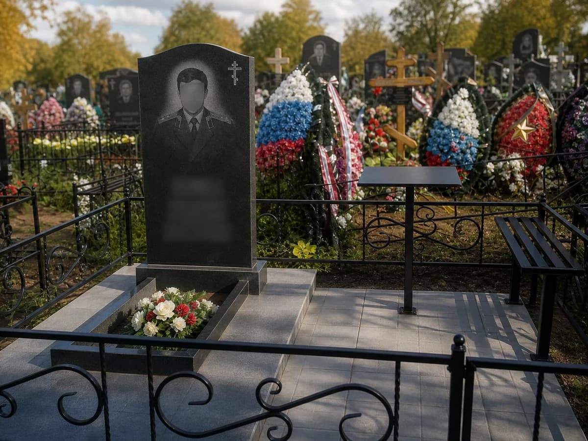 Мемориальный комплекс с портретом в форме, оградой, плиткой, столом и лавкой